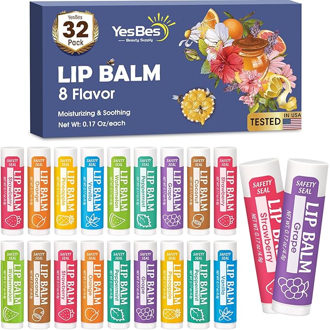 32 Pack Lip Balm, Natural Lip Balm Bulk with Vitamin E and Coconut Oil, Moisturizing Lip Balms for Dry Cracked Lips, Lip Balms for Stocking Stuffers - 8 Flavors