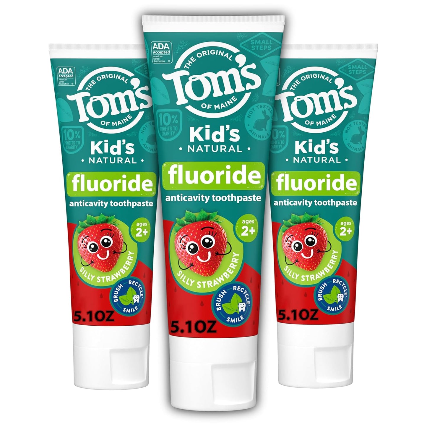 Tom's of Maine ADA Approved Fluoride Kids Toothpaste, Natural Toothpaste, Dye Free, No Artificial Preservatives, Silly Strawberry, 5.1 oz. 3-Pack (Packaging May Vary)