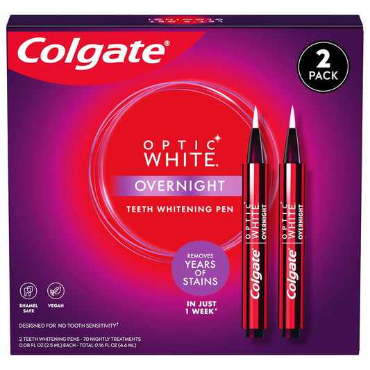 Colgate Optic White Overnight Teeth Whitening Pen, Enamel Safe and Vegan, Teeth Stain Remover to Whiten Teeth, Teeth Whitening for Sensitive Teeth, 35 Nightly Treatments Per Pen, 0.08 Oz,2 Pack