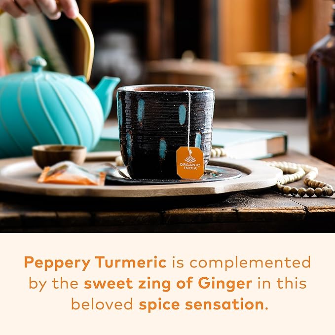 ORGANIC INDIA Tulsi Turmeric Ginger Herbal Tea - Stress Relieving & Harmonizing, Immune Support, Aids Digestion, Vegan, Caffeine-Free - 18 Infusion Bags, 6 Pack
