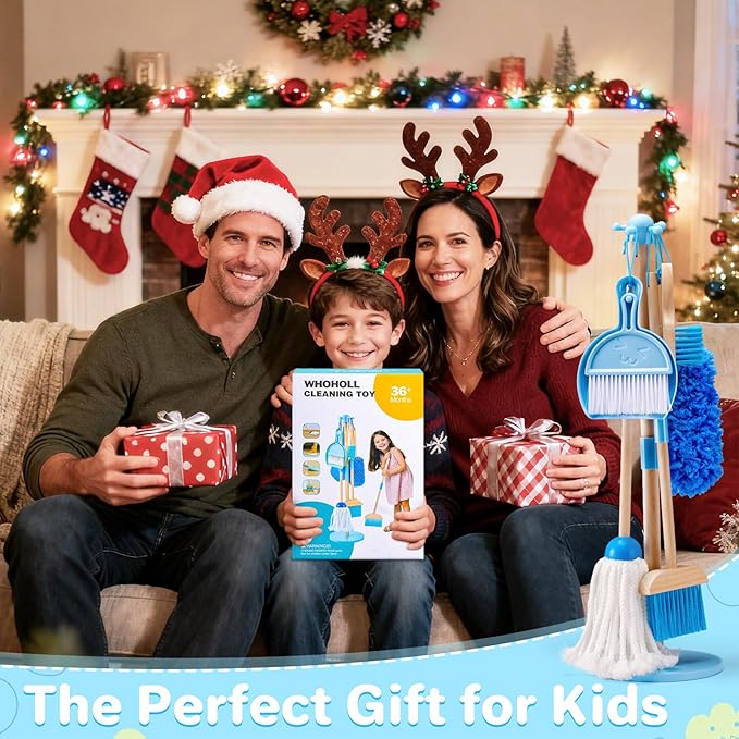 WHOHOLL Wooden Kids Cleaning Toy Set, Montessori Toys for Toddlers 3-5, Housekeeping Play Set Includes Broom Mop Duster Dustpan Sponge and Organizing Stand, Christmas Birthday Gifts for Boys Girls