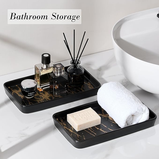 Bathroom Vanity Tray for Countertop,2PC Rectangle Marble Tray Set,Decorative Bathroom Organizer for Scrubber, Lotion Bottles, Perfume, Jewelry, Candle, Key Trinket Ring（Large,Black）