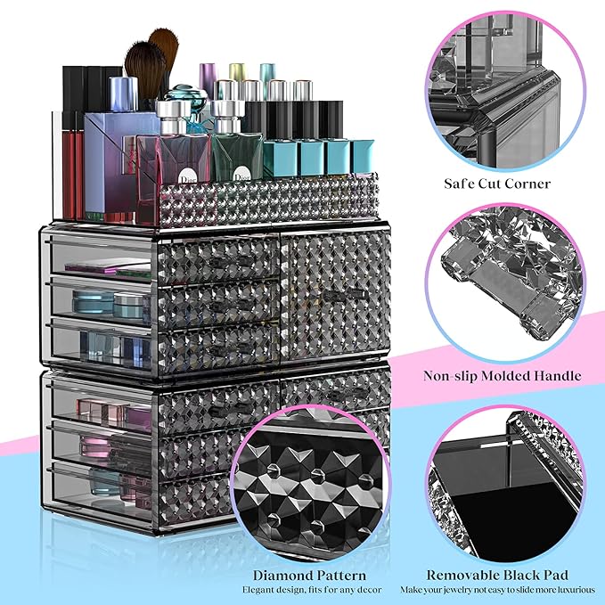 3 Pack Makeup Organizer Stackable[Upgraded], Acrylic Cosmetics Storage Cases with 8 Drawers Perfume Organizers For Brush Holder or Jewelry Display,Plus Size,Best For Vanity,Bathroom or Countertop