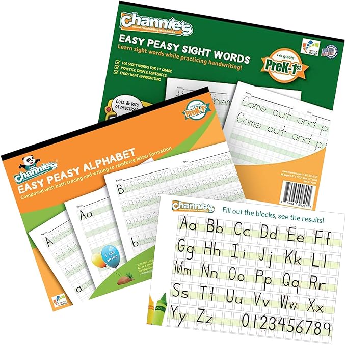 Channie’s Easy Peasy Alphabet, Numbers & Sight Words Workbook, Fun & Color-Coded Preschool, Kindergarten & 1st Grade Alphabet Tracing Book For Daily Writing Practice, 2 Pack