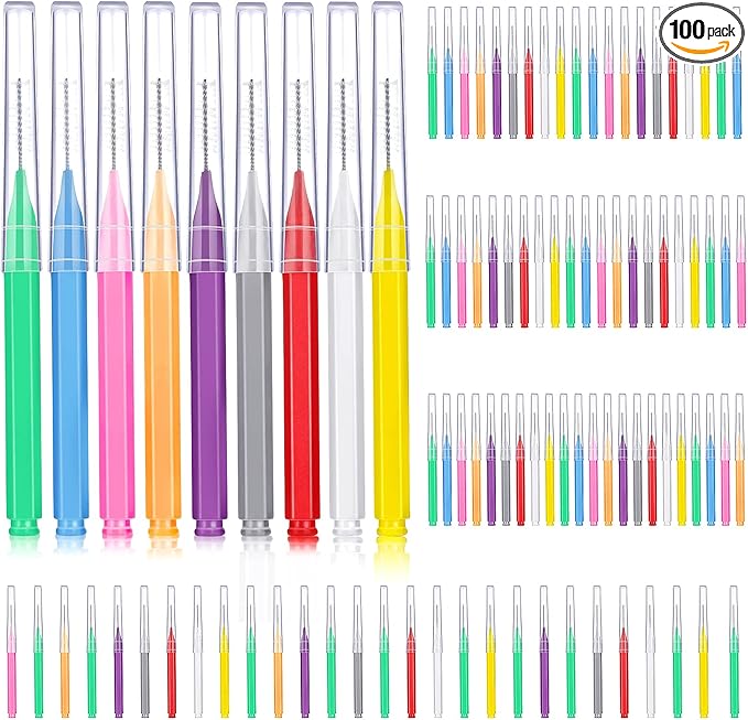 Patelai 100 Pieces Braces Brush for Cleaner Interdental Brush Toothpick Dental Tooth Flossing Head Oral Dental Hygiene Flosser Toothpick Cleaners Tooth Cleaning Tool(Mixed Colors,Mixed Sizes)
