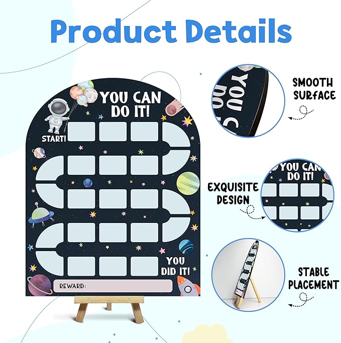 Outer Space Reward Chart, Behavior Chart for Kids at Home, Wooden Incentive Chart Signboard with 24 Tokens, Galaxy Themed Sticker Charts Classroom Essentials -02