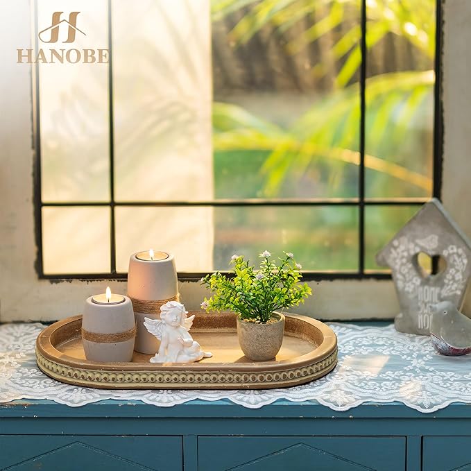 Hanobe Decorative Serving Tray Wood: Brown Bead Oval for Coffee Table Rustic Wooden Trays Decor Farmhouse Kitchen Counter Vintage Centerpiece Living Room Home Organizer, 15.15''x9.25''x1.18''