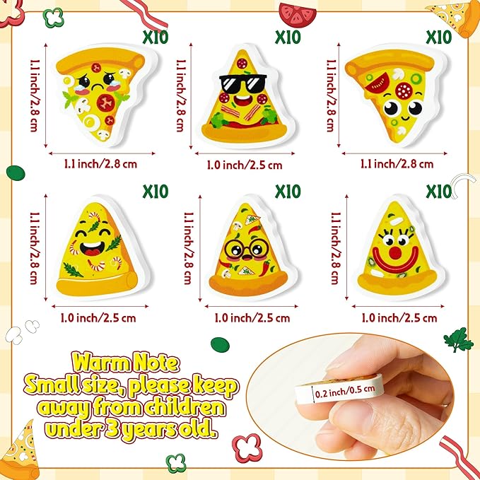 CJiangpo 60Pcs Pizza Mini Erasers for Kids, Cute Cartoon Pencil Rubber Eraser, Novelty 3D Desk Puzzle Pizza Day Themed Party Favors Filler Kids School Classroom Prizes Gifts