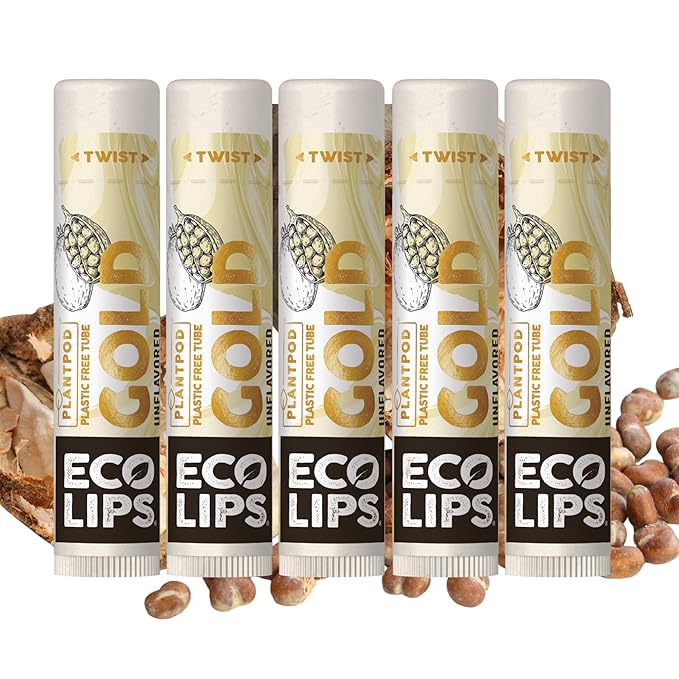 Eco Lips GOLD Organic Lip Balm with Baobab Oil - Soothe and Moisturize Dry, Cracked and Chapped Lips - 100% Plastic-Free Plant Pod Packaging (6 Tubes)