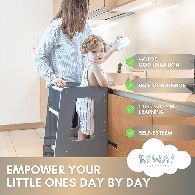 KYWAI® Toddler Kitchen Stool Helper, Adjustable Standing Tower with Safety Rails, Anti-Tip Design & Non-Slip Stickers, Sustainable Product with Extra Memory Game Made from Leftover Wood (Grey Blue)