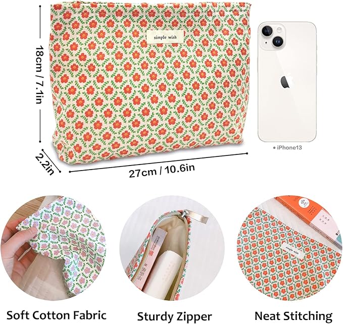 STARDW Aesthetic Floral Makeup Bag Cute Small Cosmetic Bags for Women Girls, Travel Toiletry Bag Large Capacity Zipper Makeup Pouch, Purse Organizer Pouches (Red Floral)