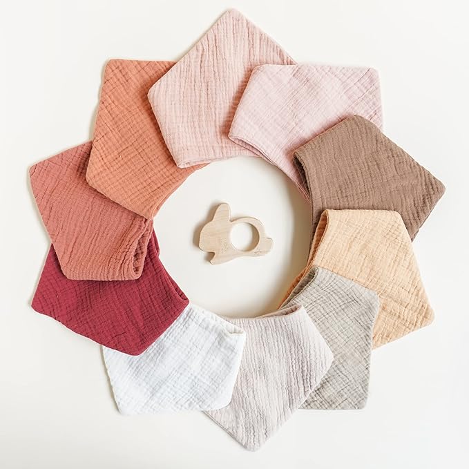 Konssy Muslin Baby Bibs 10 Pack Baby Bandana Drool Bibs 100% Cotton for Unisex Boys and Girls, Soft Absorbent Set for Teething and Drooling