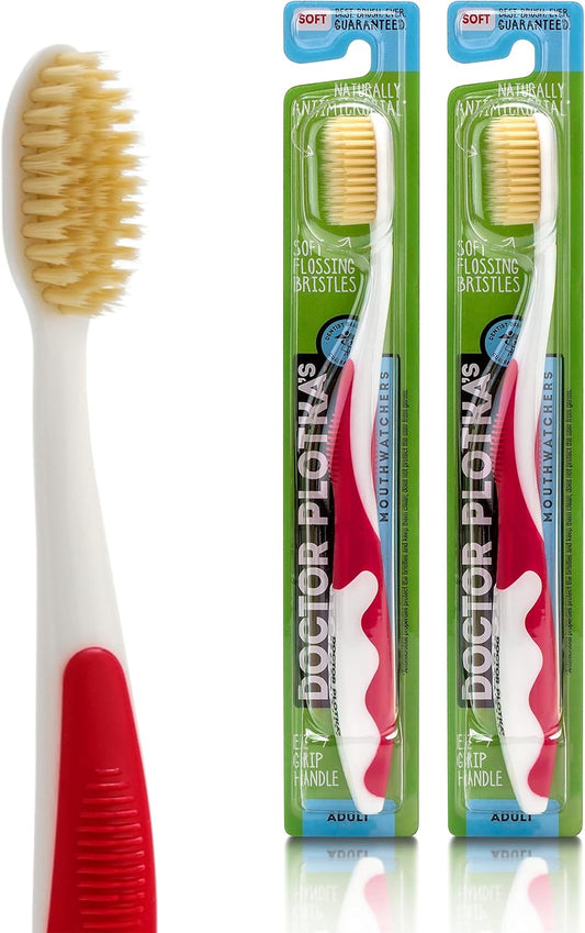 MOUTHWATCHERS Soft Flossing Manual Toothbrush for Adults, 2 Pack, Red, Ultra Clean, Good for Sensitive Teeth and Gums, by Dr. Plotka's