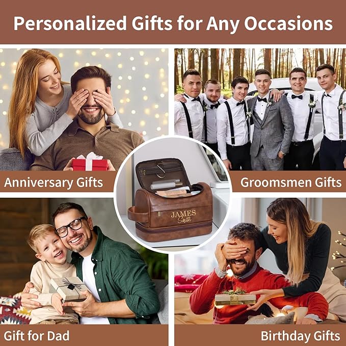 Personalized Toiletry Bag For Men, Large Capacity Travel Doop Kit, Vintage Color PU Leather, Custom Name Initials, Gifts for Dad, Husband, Boyfriend, Groomsmen, Birthday (Style 5)