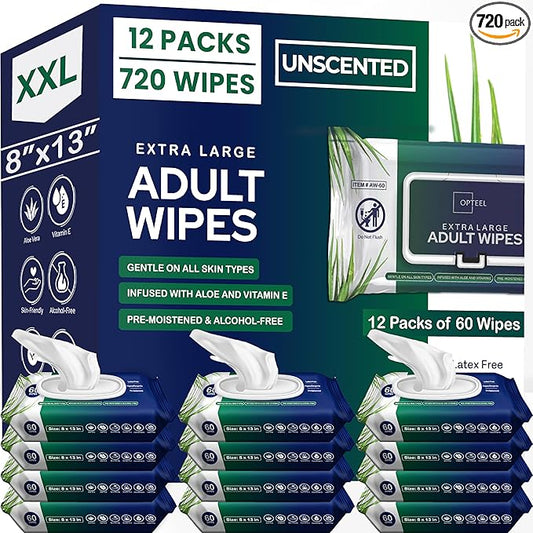 Adult Wipes For Elderly - 8"x13" Extra Large & Soft Wet Wipes for Adults Bathing No-Rinse - Incontinence Disposable Washcloths, Vitamin E & Aloe Infused for Men & Women 720ct (12 Packs of 60)