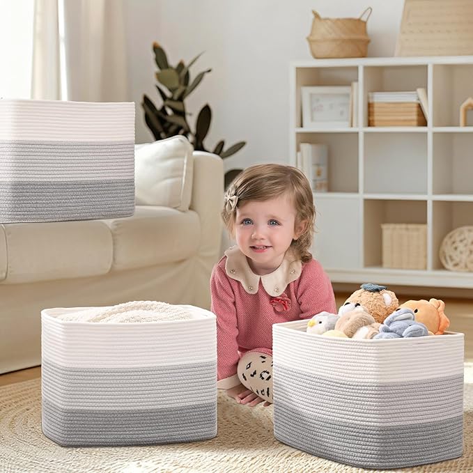 3 Pack Cube Storage Bin, 17”x12”x12” Cotton Rope Woven Baskets for Organizing Toys Clothes Towels, Square Gift Storage Baskets for Shelf, Nursery, Closet, Bathroom, Pantry (3-Tone Gray)