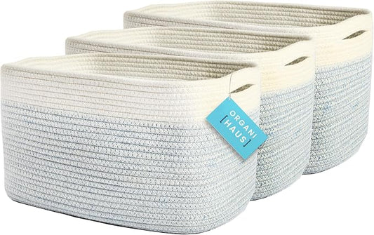 OrganiHaus Set of 3 Woven Storage Baskets for Shelves, Decorative Organizer Bins for Closet & Bathroom, Multipurpose Home Organization Baskets, Toy Storage Basket - Blue/Off-White, 15x9x10 inches