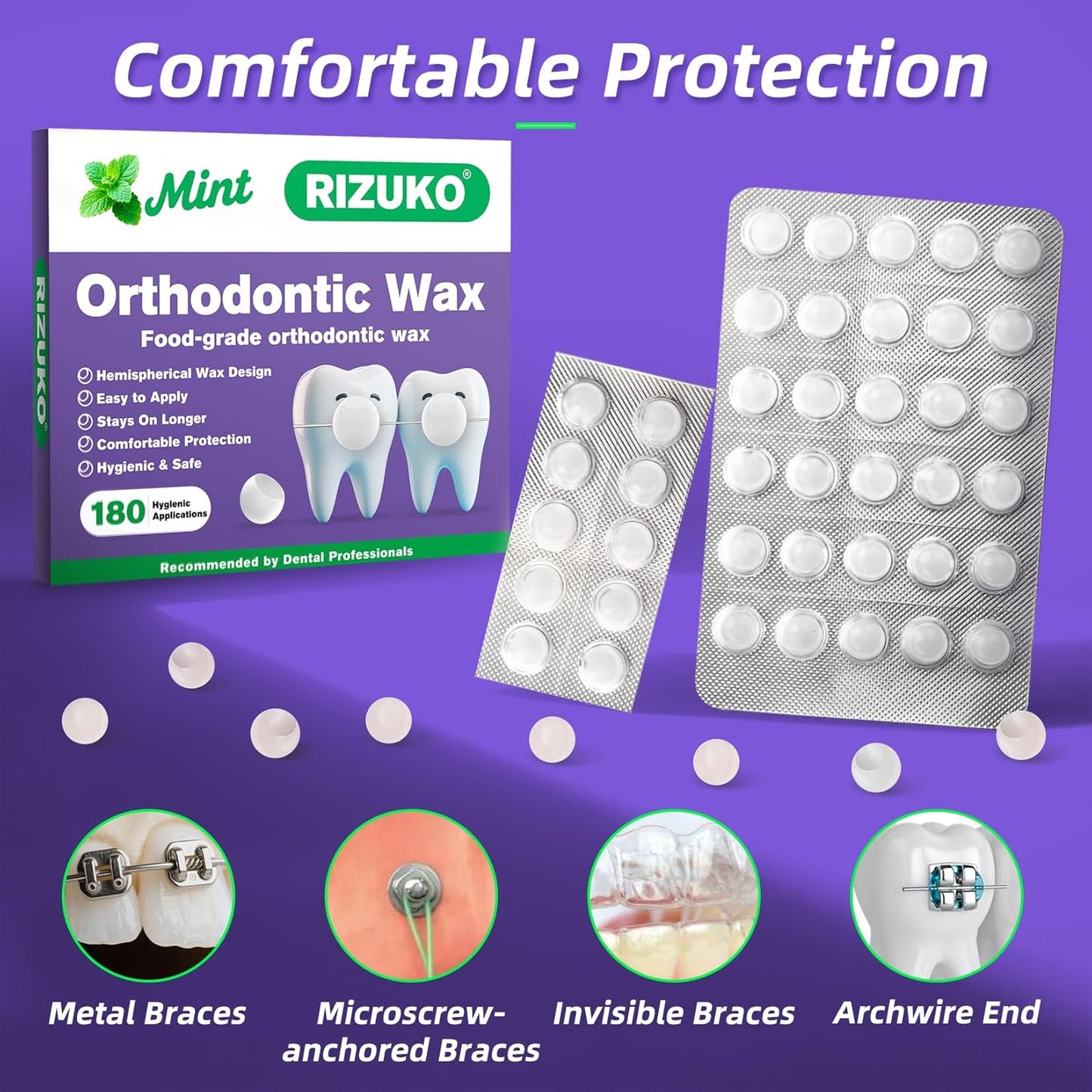 Orthodontic Wax for Braces - 180 Dental Wax Dots | Hygienic Individual Wraps, Mint Flavor