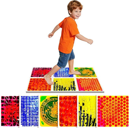 Liquid Sensory Floor Tiles for Kids Ages 3+, 12" Textured Step-On Tiles with Non-Slip Base, Interactive Color-Flow, Assorted Colors, Classroom Sensory Path Set (6-Pack)