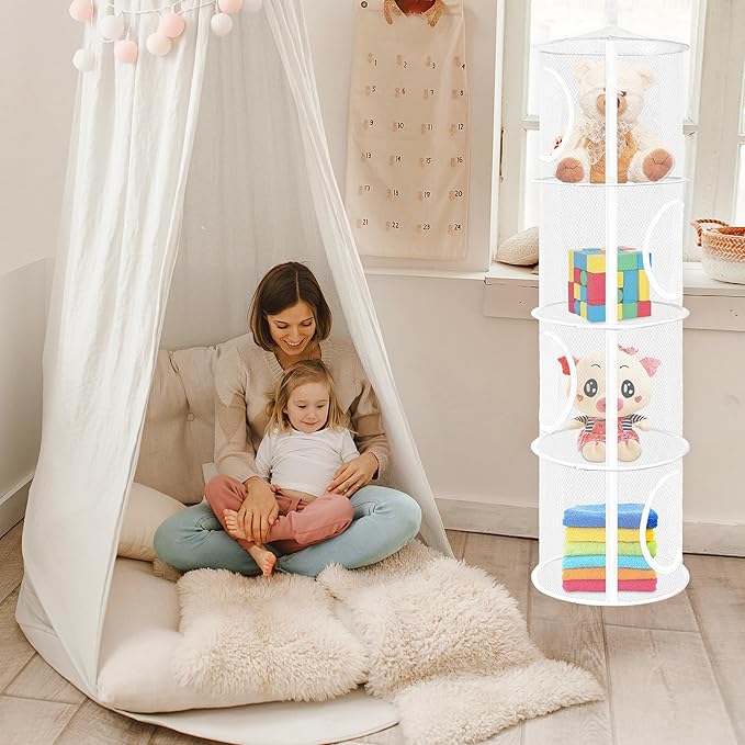 Libeder Mesh Hanging Storage Space Saver Bags Organizer,Foldable Storage Organizer 4 Compartments Toy Storage Basket for Kids Room Bathroom 3 Sets, White