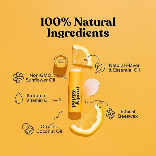 Poppy & Pout Lemon Bloom Jumbo Lip Balm | All Natural Lip Balms & Moisturizers | Hydrates with Beeswax, Vitamin E, Organic Coconut Oil | Cruelty-Free | Lip Balm in Recyclable Cardboard Tube