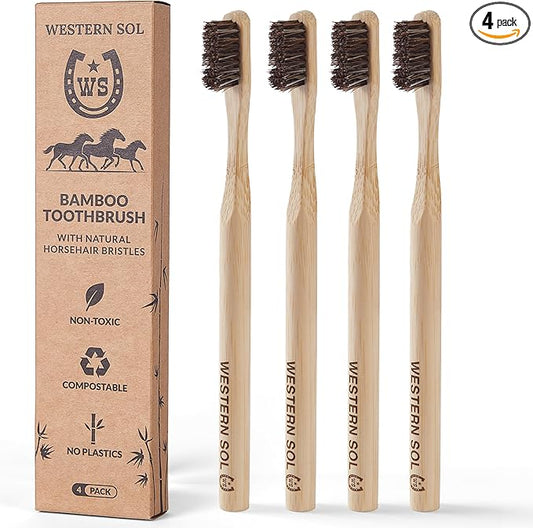 Western SOL Horse Bristle Bamboo Toothbrushes (4-Pack) – Plastic-Free, Biodegradable, Eco-Friendly Toothbrush Set – No Chemicals