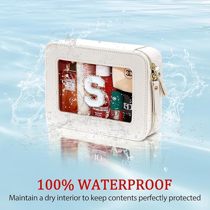 Initial Travel Toiletry Bag - Cosmetic Bags for Girls with Zipper, Clear & Potable Makeup Bag for Travel, Cosmetic Pouch Perfect Gifts for Graduation (Beige, S)