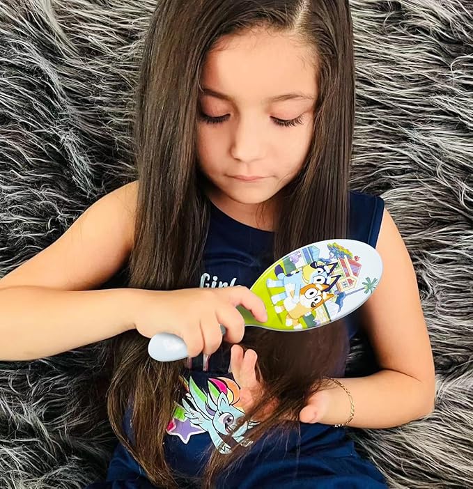 Bluey Hair Accessory 5 Pcs Set - 1 Regular 9 inch Bluey HairBrush For Girls + 4 Bluey Scrunchies For Kids - Accessories For Girls - Detangling Brush - Elastic Hair Ties Ropes Scrunchies Ages 3+