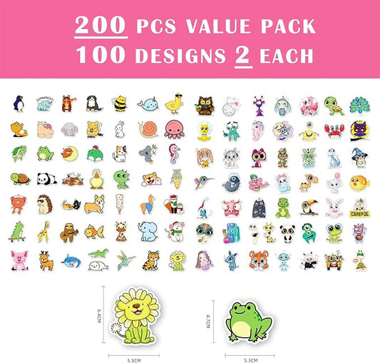 Cute Animal Stickers 200 Pcs/Pack for Kids - Assorted Designs for Laptops, Water Bottles, Journals and More (Cute)