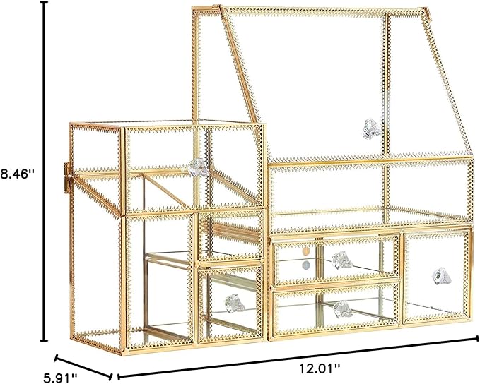 Hersoo Luxury Stackable Glass Cosmetic Organizer 3-Piece Set-Durable,Premium Shatterproof Vanity Storage,Artisan-Design for High-End Bathroom&Makeup Counter Decor(gold)