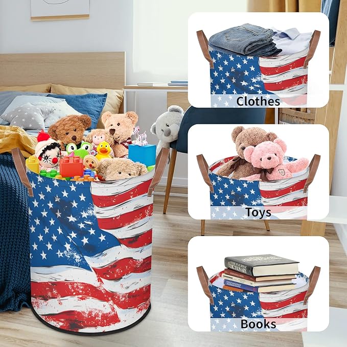 62L Flag Laundry Basket for Clothes Books Toys Adult Kids Rotundity Laundry Hampers Bin for Bathroom Kitchen Hotel