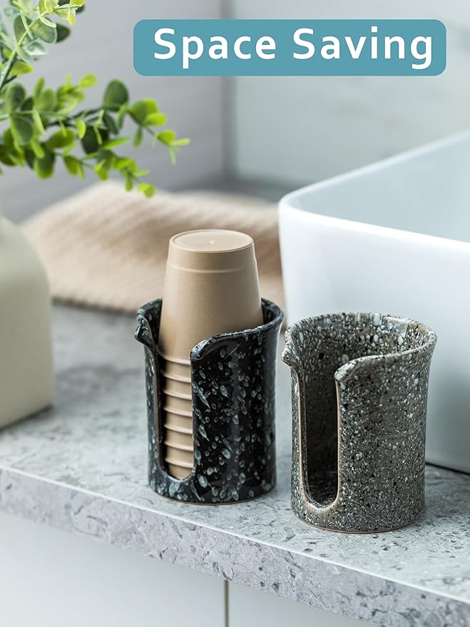 Ceramic Bathroom Cup Holder, Bathroom Cup Dispenser for Dixie Cups 3 Oz Bathroom Cups, Mouthwash Cup Dispenser Small Paper Cups Holder for Bathroom Vanity Countertop, Stoneware Design, Gray