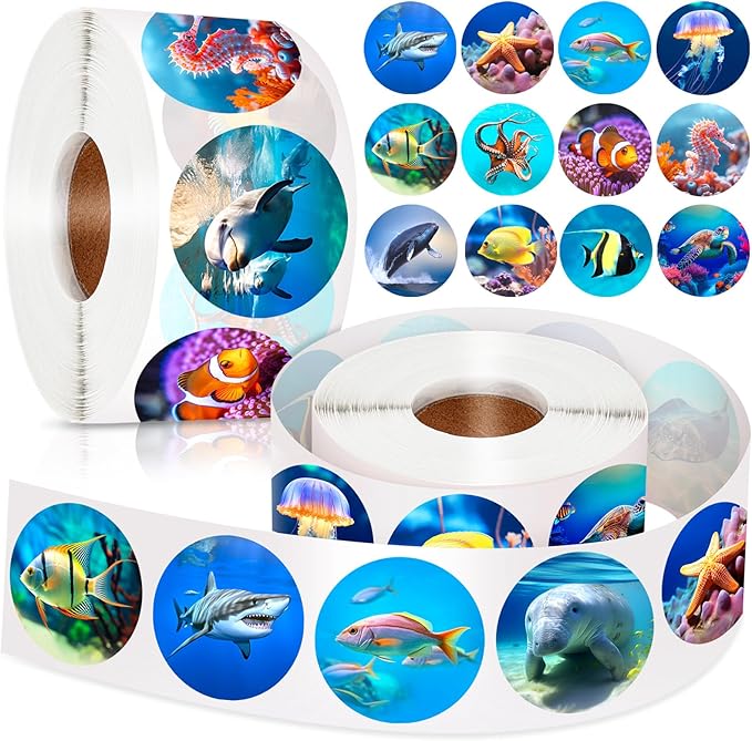 1200Pcs Roll Ocean Stickers Round Sea Animals Stickers for Kids Fish Sticker for Water Bottle Teacher Reward School Supplies Incentives (16 Styles)