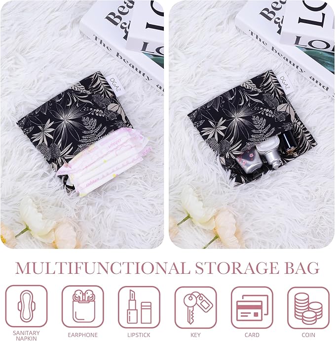 DGAZ Sanitary Napkin Storage Bag, Period Bag for Teen Aged Girls, Portable Period Bag for Panty Liners/Menstrual Cup/Small Tampons，Mini Makeup Bag for Purse(Dark Fragrance)