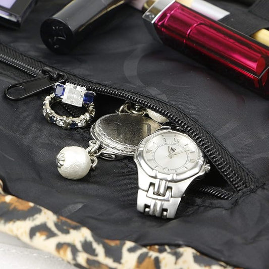 Lay-n-Go Cosmo Layflat Drawstring Cosmetic & Makeup Bag Organizer w/Zipper Pocket, Brush Loops & More, Cinch to Close, Lay Flat to Use, Durable, Machine Wash, Travel Toiletry Bag (22", Leopard)