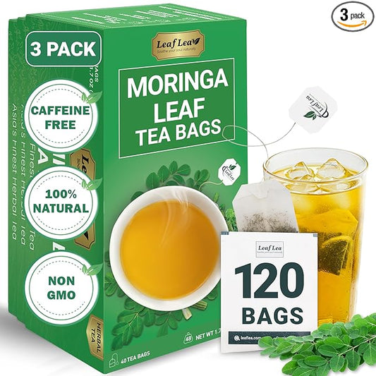 LeafLea Moringa Tea, 120 Fresh-Sealed Tea Bags, Premium Herbal Blend from 100% Natural Moringa Leaves, Supports Digestion & Immune Health, Caffeine-Free, Sugar-Free, Vegan, Non-GMO