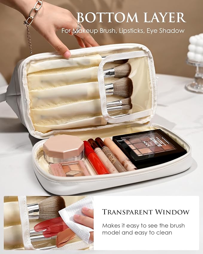 Birthday Gifts for Girls, Initial Large Makeup Bag, Personalized Double Layer Cosmetic Bag with Makeup Brush Organizer, Large Capacity PU Leather Travel Toiletry Bag Travel Stuff for Girls