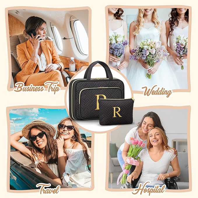 Personalized Gifts for Women, Initial Toiletry Bag Hanging Travel Organizer & Makeup Cosmetic Bag with Embroidery Letter Teacher Appreciation Gift Birthday Christmas Gifts for Mom Wife Friend Sister