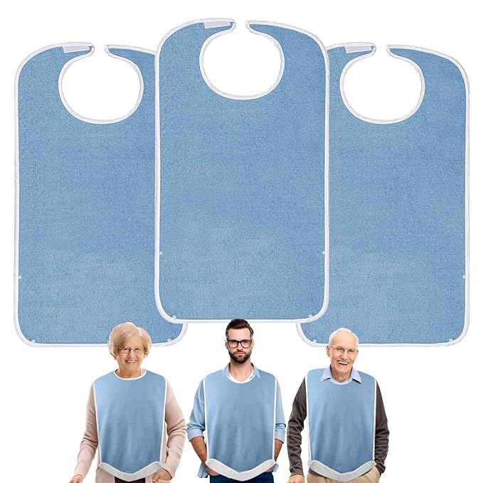 3 Pack Premium Unisex Adult Bibs for Elderly Women Men, Waterproof Bib for Eating, Adjustable and Washable (Blue)