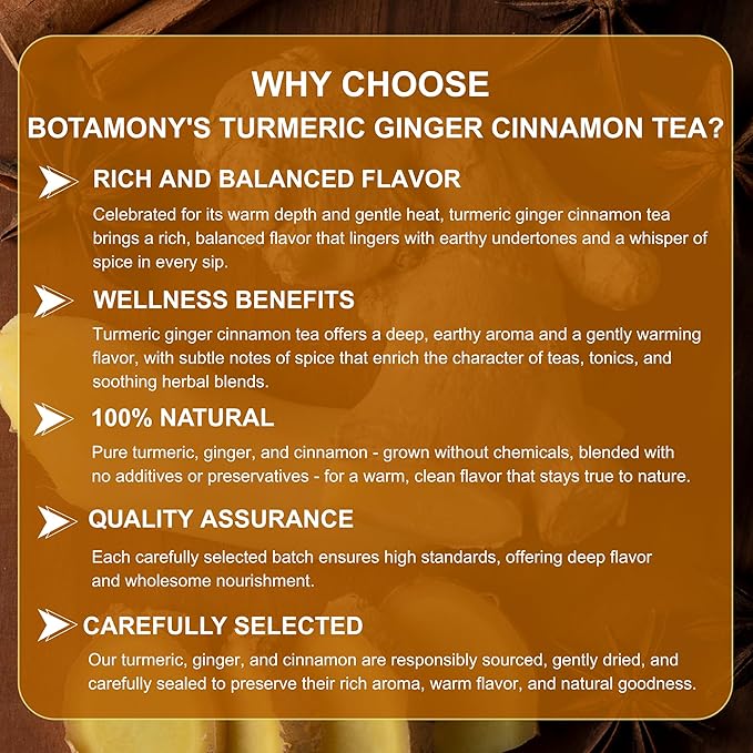 BOTAMONY, Premium 65 Turmeric Ginger Cinnamon Blend Tea Bags, Support Weight, Skin and Sleep, 100% Natural & No Additives & Caffeine Free