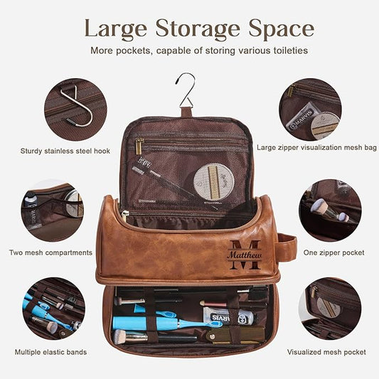 Personalized Toiletry Bag For Men, Husband, Boyfriend, Dad Large Capacity PU Leather Travel Dopp Kit Handcrafted Custom Name Unique Gift For Birthday| Fathers Day| Anniversary| Wedding Groomsmen Gifts