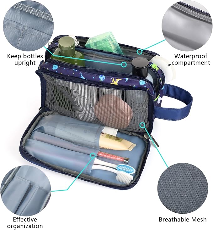 Dinosaur Kids Toiletry Bag for Boys, Travel Toiletry Bag for Little Young Boys Waterproof Hanging Wash Bag Toddler Traveling Toiletries, Navy
