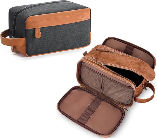 Elviros Travel Toiletry Bag Gift for Men，Mens Toiletries Bag Gifts Set Shaving Dopp Kit Water-resistant Bathroom Toiletries Organizer PU Leather Cosmetic Bags 2 Pack Brown