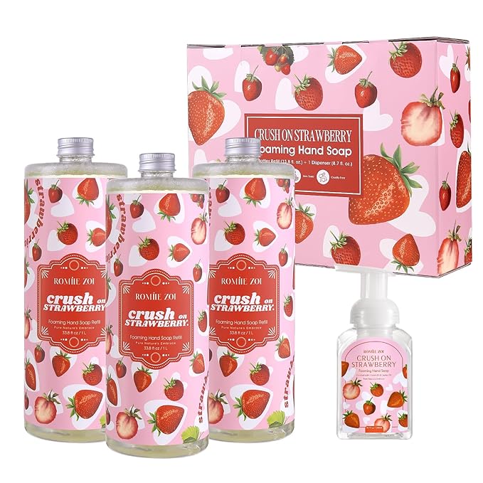 ROMIIE ZOI Strawberry Foaming Hand Soap Refill Set – 3 x 33.8 Fl Oz with Refillable Dispenser, Natural and Cruelty-Free Formula, Large Family Pack for Home, Bathroom, and Luxury Gifting