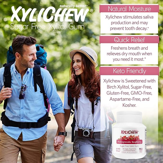 Xylichew 100% Xylitol Chewing Gum - Non GMO, Non Aspartame, Gluten Free, and Sugar Free Gum - Natural Oral Care, Relieves Bad Breath and Dry Mouth - Pomegranate Raspberry, 60 Count