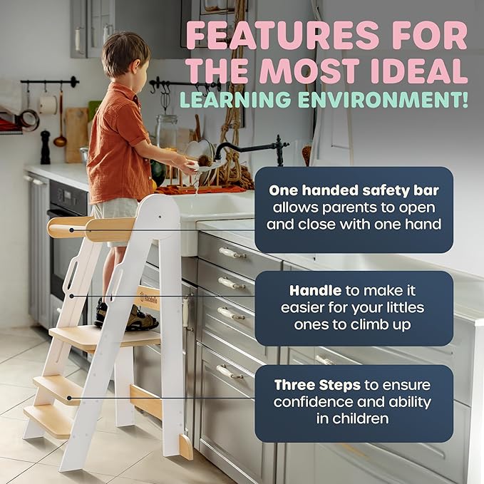 Toddler Tower - CPSC Certified Toddler Chair Tower with 3 Height Adjustable Step Stool, Safety Bar, Screw Covers - Montessori Stool for Sink, Kids Standing