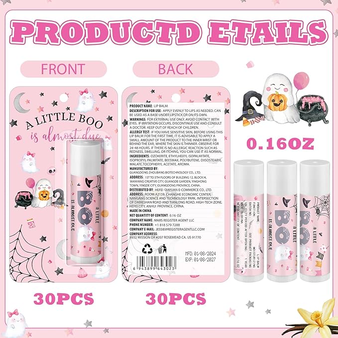 30 Pack Halloween Little Boo Baby Shower Games Prizes Party Gifts Bulk Lip Balms Favors for Winners Adults Guests Gender Reveal Favors Decorations Baby Shower Souvenirs Gift Bags Stuffers