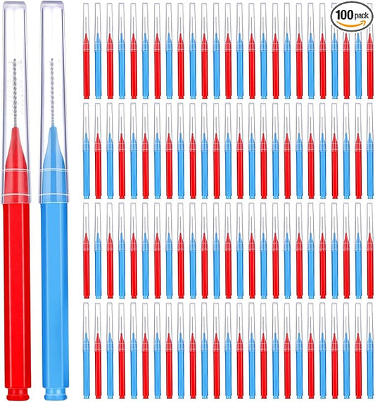 Patelai 100 Pieces Braces Brush for Cleaner Interdental Brush Toothpick Dental Tooth Flossing Head Oral Dental Hygiene Flosser Toothpick Cleaners Tooth Cleaning Tool (Blue, Red,Suitable Size)