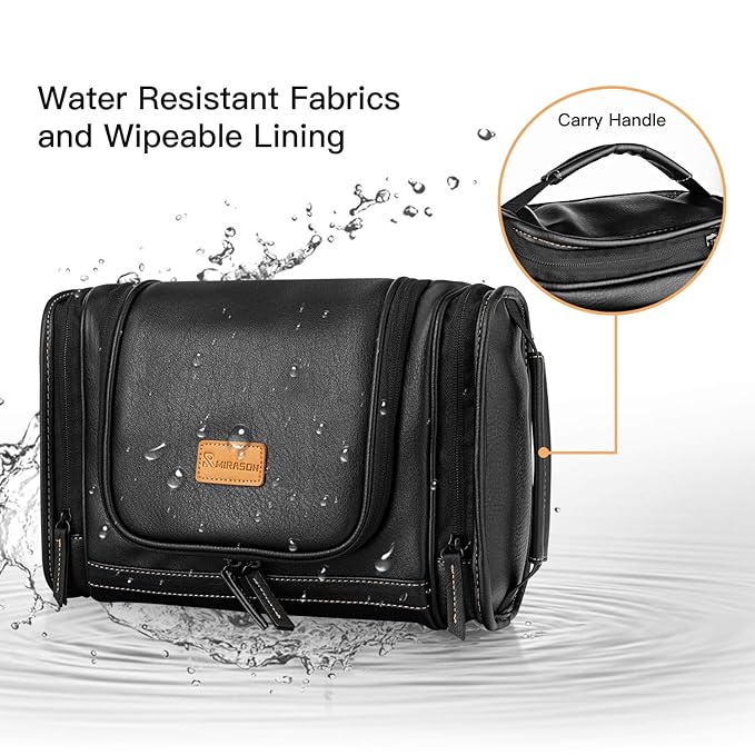 MIRASON Travel Toiletry Bag, Hanging Toiletry Bag for Men, Leather Travel Shower Bag for Toiletries Dopp Kit Bathroom Bag with Metal Hook Gift for Men (Black)