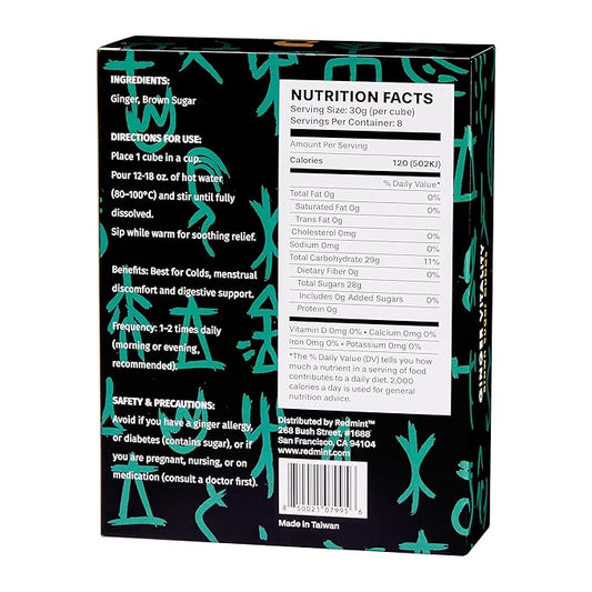 Redmint Brown Sugar Ginger Tea Cube for Menstrual Cycle, Digestive & Immune Support | Natural TCM-Inspired Herbal Cube | Taiwanese Brown Sugar & Ginger,30g × 8 Cubes
